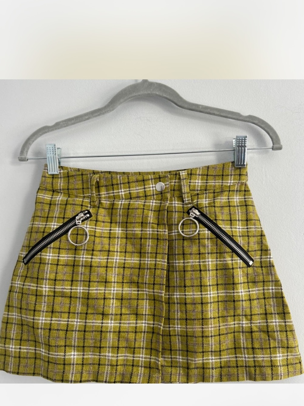 UNIF Yellow Plaid Mini Skirt with Ring Zip Details